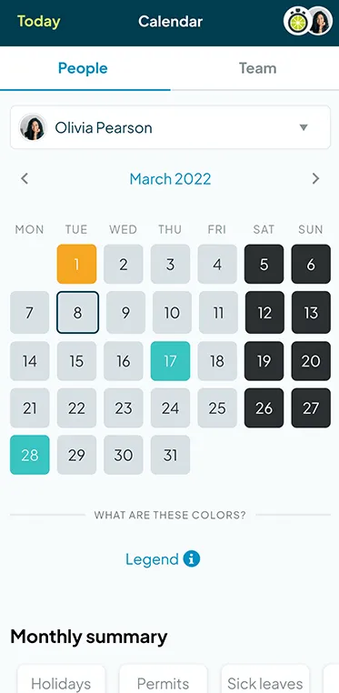 Pagina del calendario dell'App Fluida